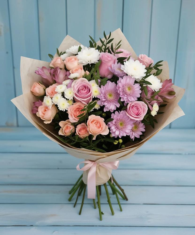 Букет цветов из: Хризантемы, Розы и Альстромерии в Петрово-Дальнее