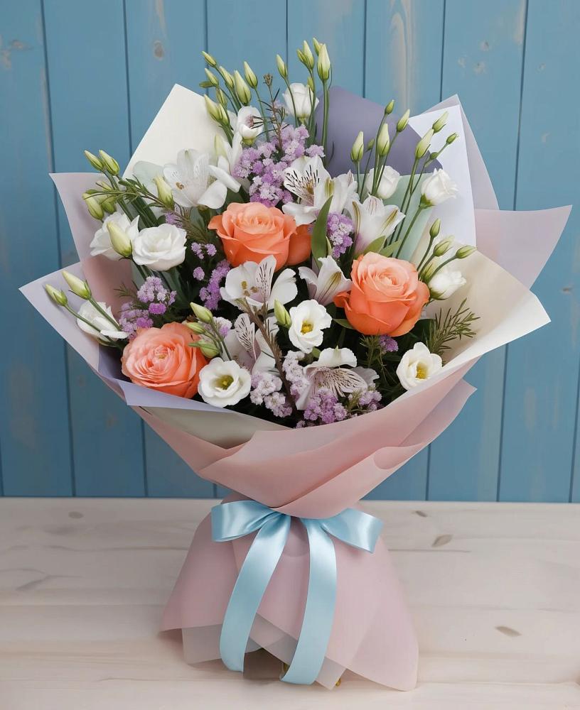 Букет цветов из: Лизиантусы, Розы, Альстромерии и Гипсофила в Петрово-Дальнее