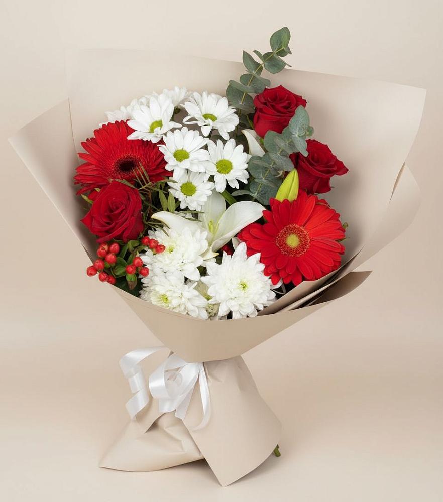 Букет цветов из: Розы, Хризантемы, Герберы и Лилии в Петрово-Дальнее
