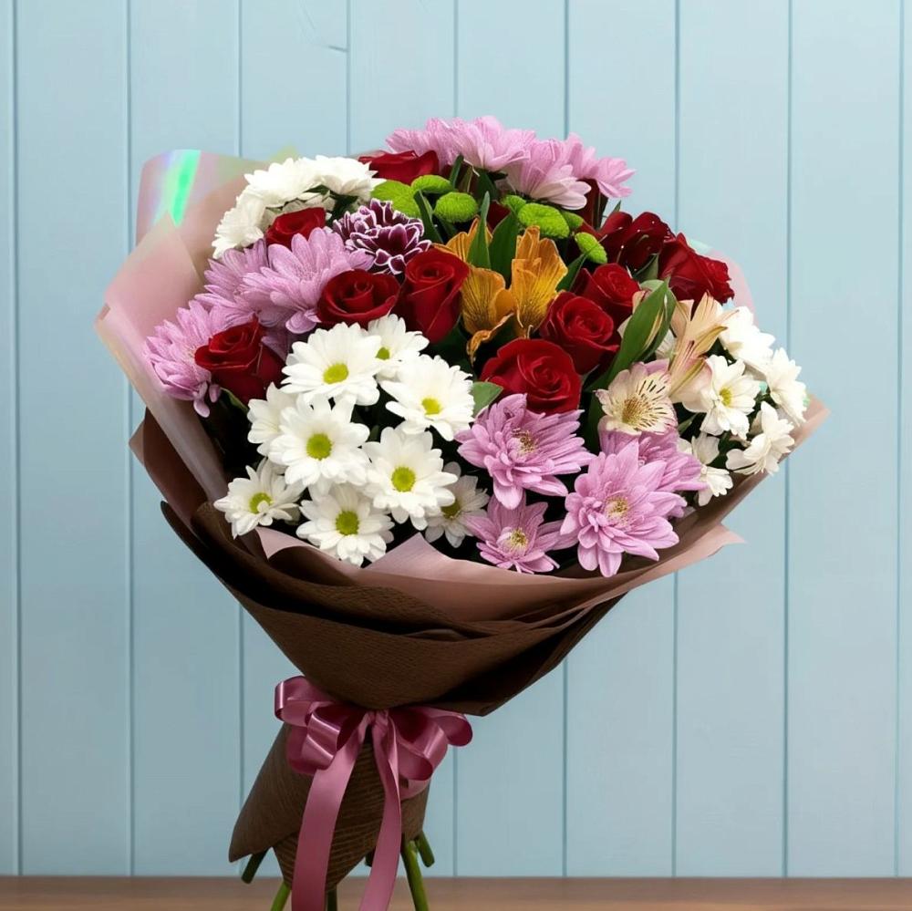 Букет цветов из: Розы, Хризантемы и Альстромерии в Петрово-Дальнее