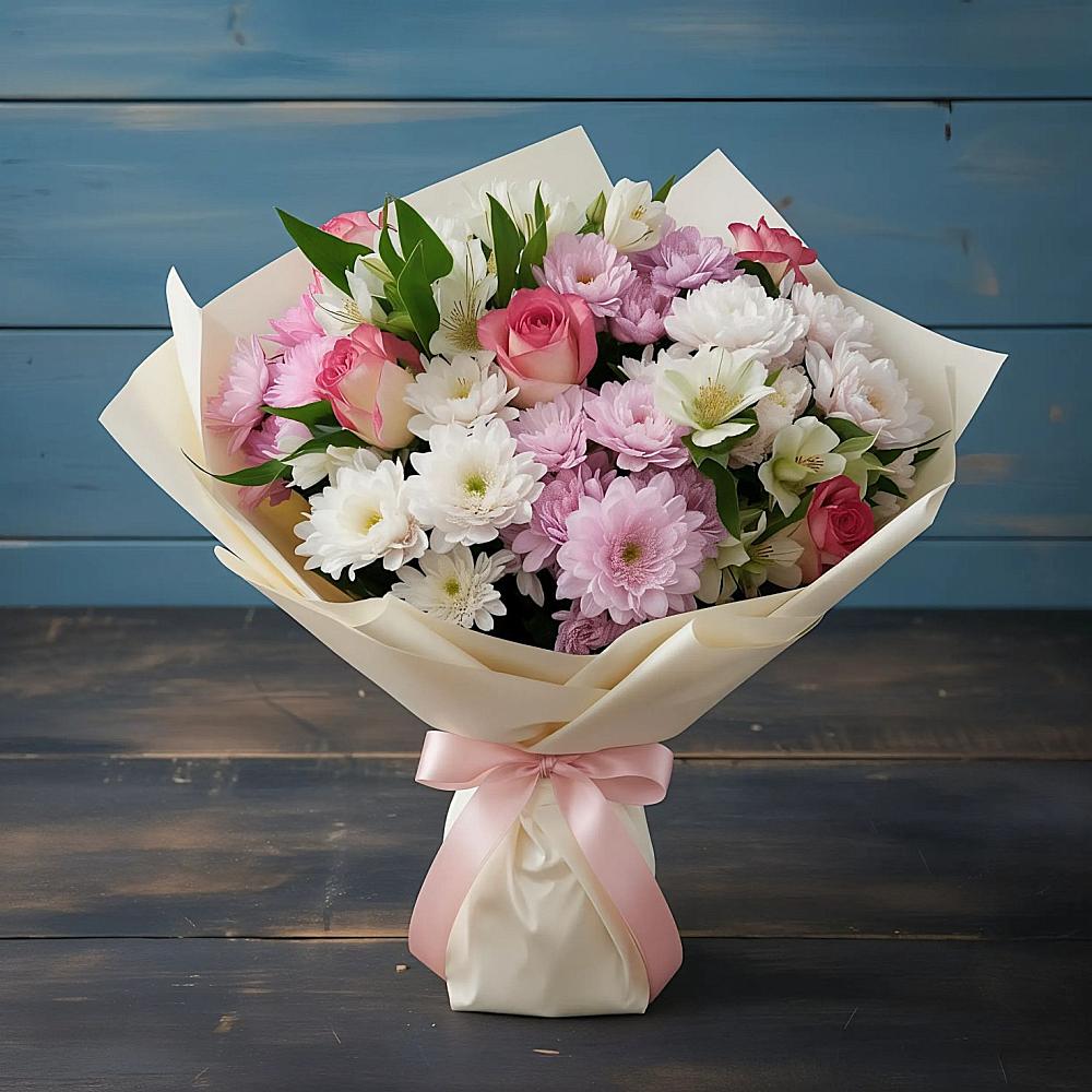 Букет цветов из: Хризантемы, Альстромерии и Розы в Петрово-Дальнее